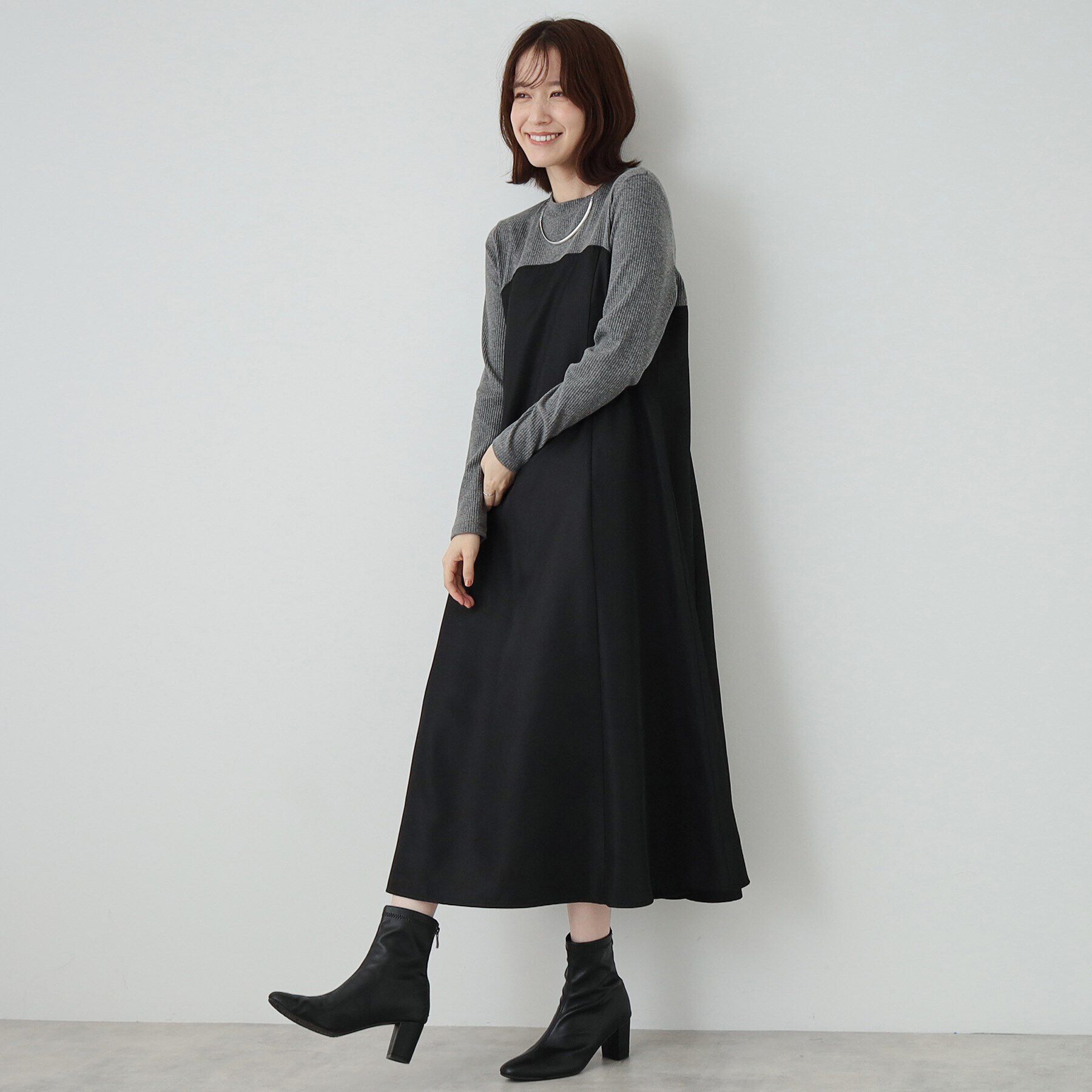 SHOO･LA･RUE「【S-LL】楽して好印象 大人のための 異素材ドッキングフレアワンピース」|ワンピース|ブラック(519)
