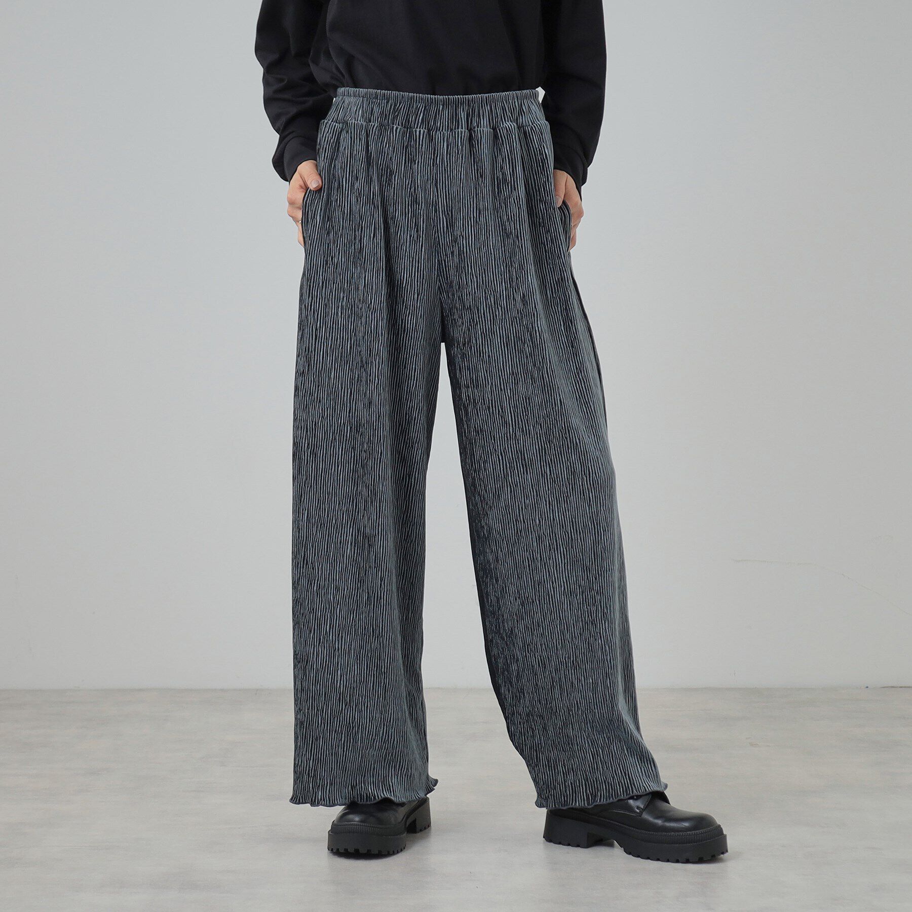 SHOO･LA･RUE「【S-LL】クラッシュベロア調 ランダムプリーツ イージーパンツ」|その他|