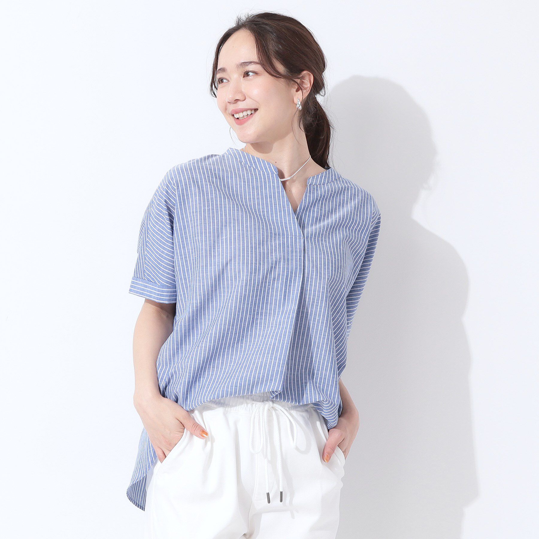 SHOO･LA･RUE「【高レビュー/洗える/UV/吸水速乾】洗濯後しわになりにくいリネンブレンドドルマンシャツ」|シャツ・ブラウス|