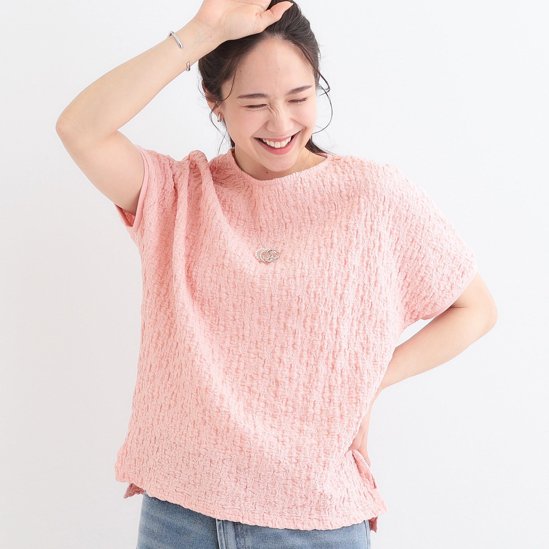 SHOO･LA･RUE「【S-LL】ぽこぽこ素材がこなれ見え ドルマントップス」|Tシャツ・カットソー|ライトピンク(070