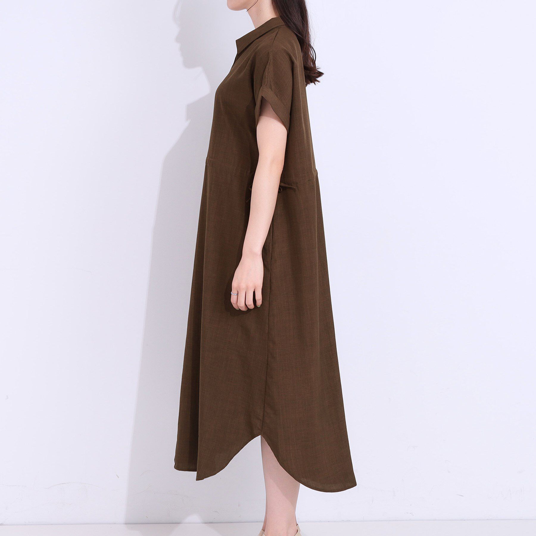 SHOO･LA･RUE「【S-LL】お顔周りすっきり 麻調スキッパーシャツワンピース」|ワンピース|