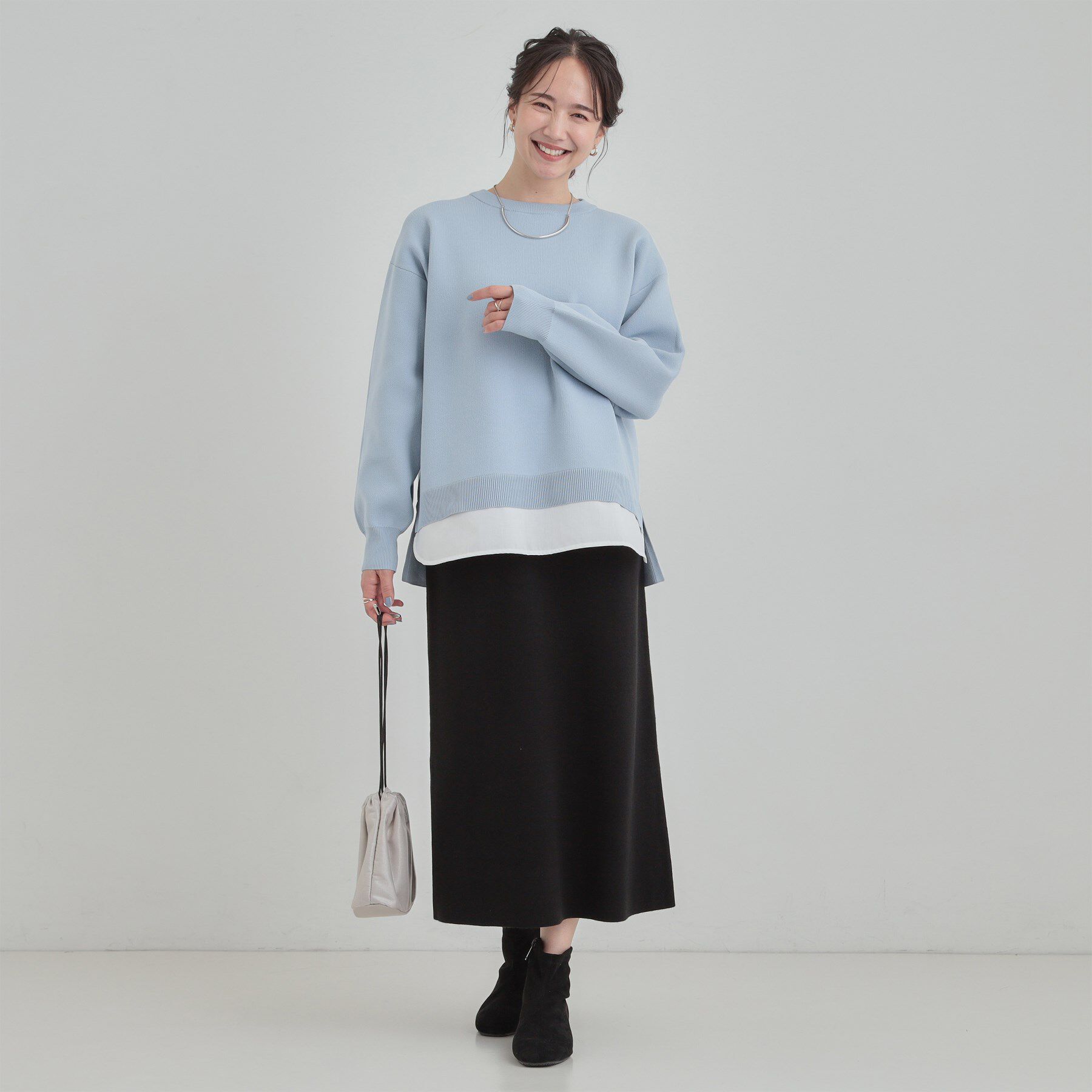 SHOO･LA･RUE「【洗濯機可/S-LL】さらに軽くなった スポンディッシュ裾フェイクトップス」|ニット・セーター|