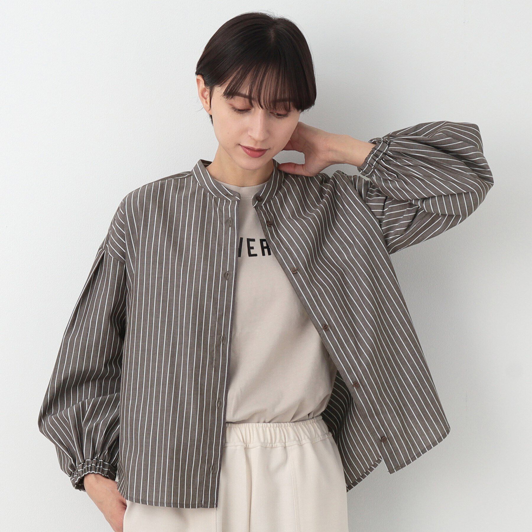 Dessin「【洗える】バルーンスリーブバンドカラーシャツ（XS～L）」|シャツ・ブラウス|ブラウン(544)