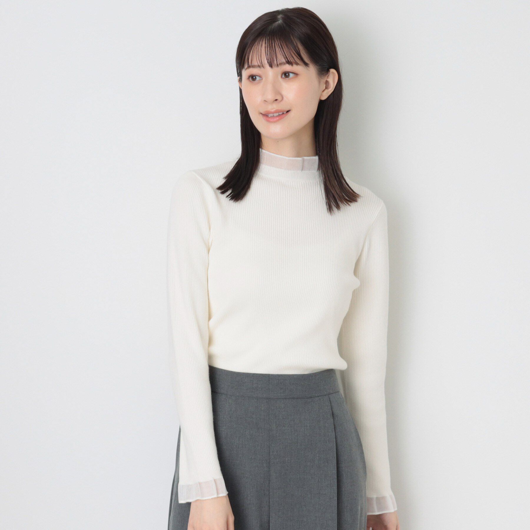 Dessin「【洗える】シースルーフリルネックリブニット」|ニット・セーター|アイボリー(004)
