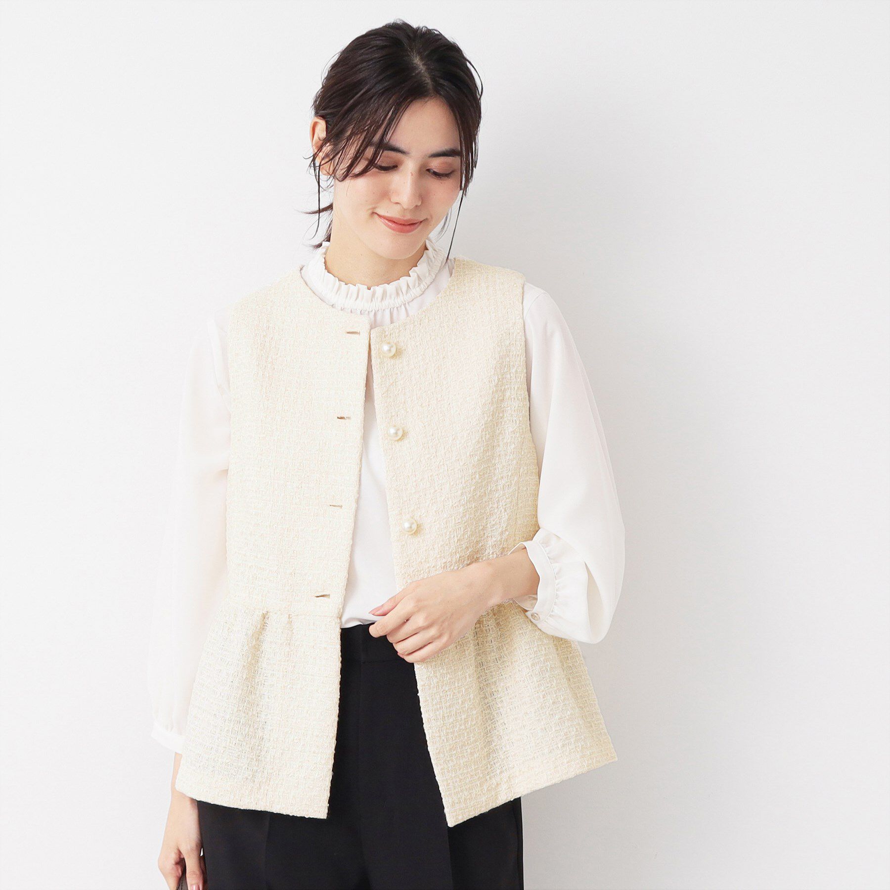 Dessin「【入卒/セレモニー】パール調ボタン付きペプラムツイードジレ」|ベスト・ジレ|