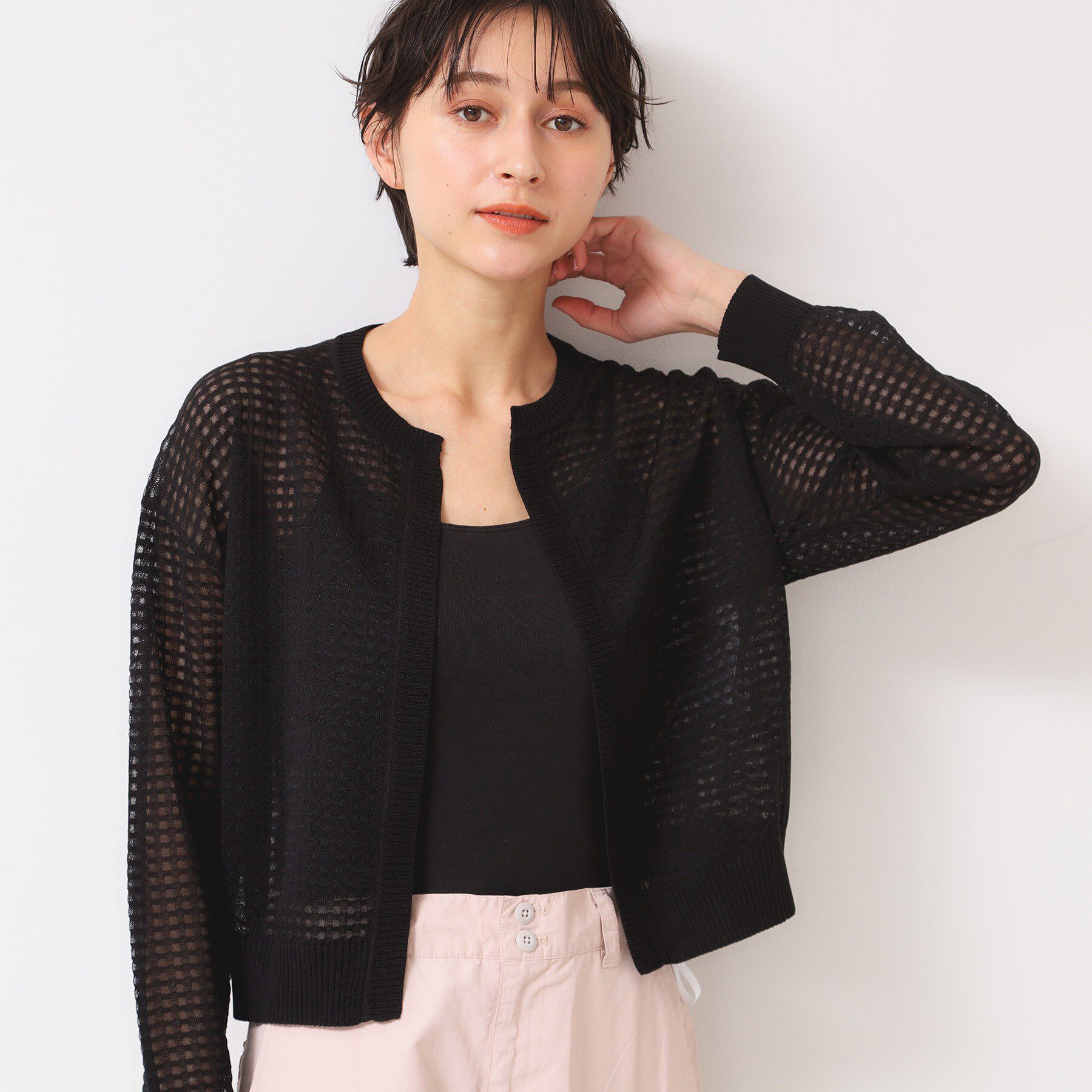 Dessin「【洗える】チェック柄シアークルーネックカーディガン」|カーディガン|