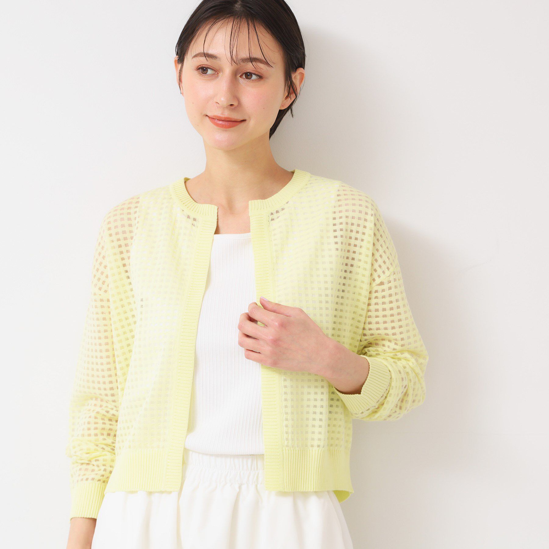 Dessin「【洗える】チェック柄シアークルーネックカーディガン」|カーディガン|