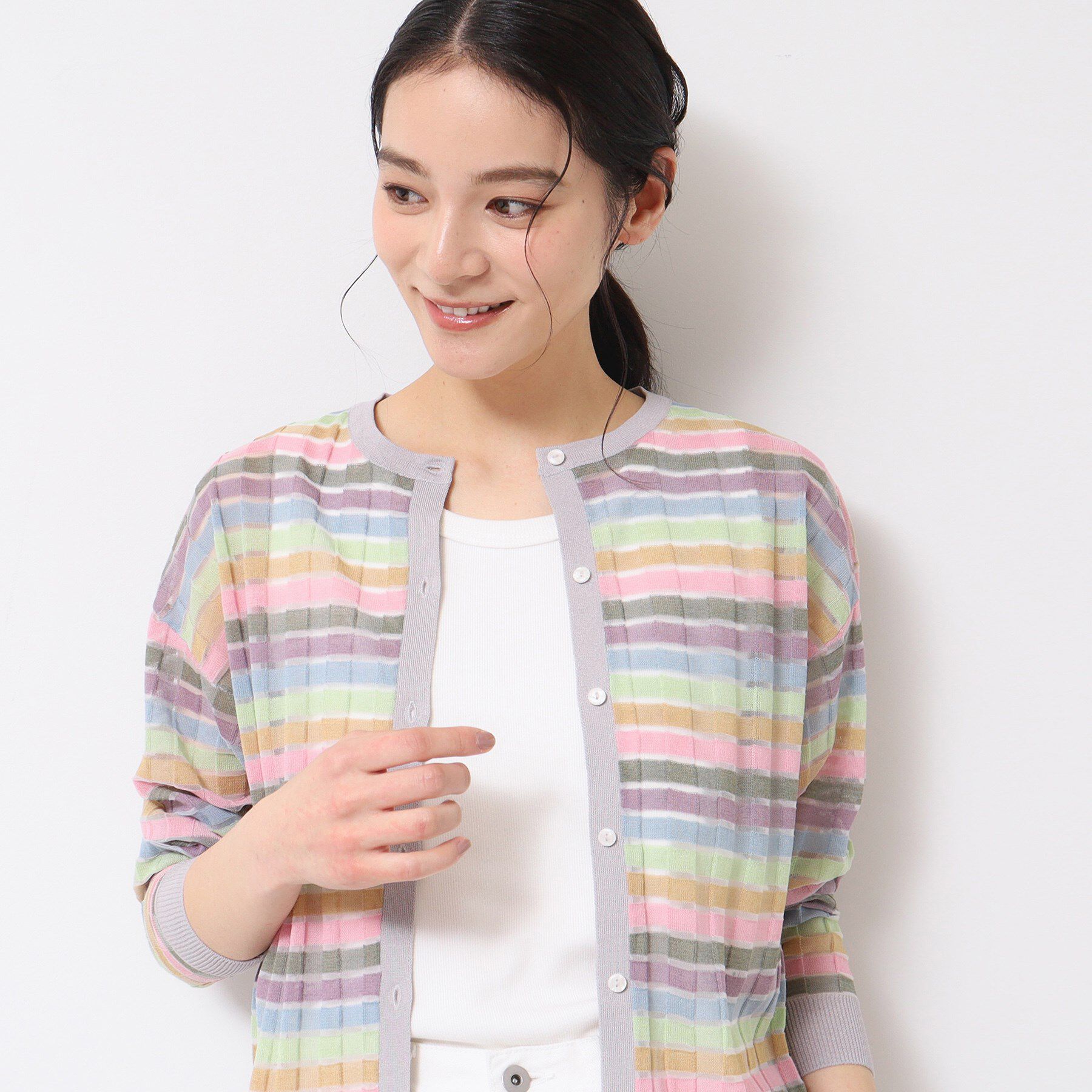 Dessin「【洗える】シアーボーダーカーディガン（S～L）」|カーディガン|ライトグレー(311