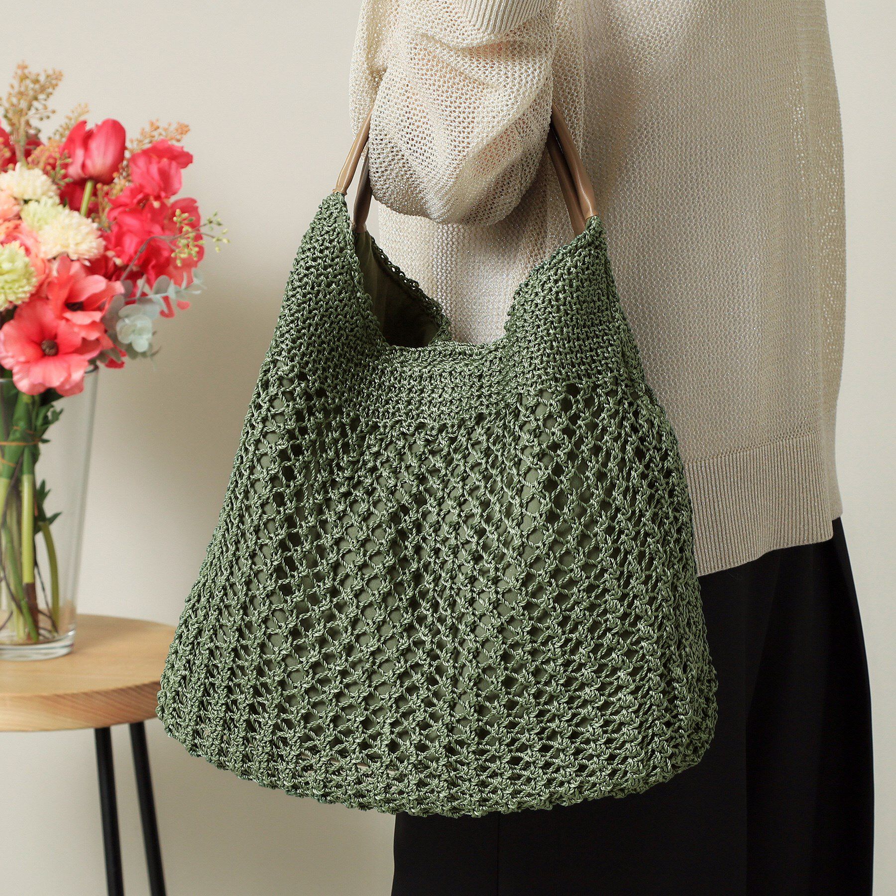 ITS&rsquo;DEMO「コード編みラウンドトート」|トートバッグ|カーキ(027)