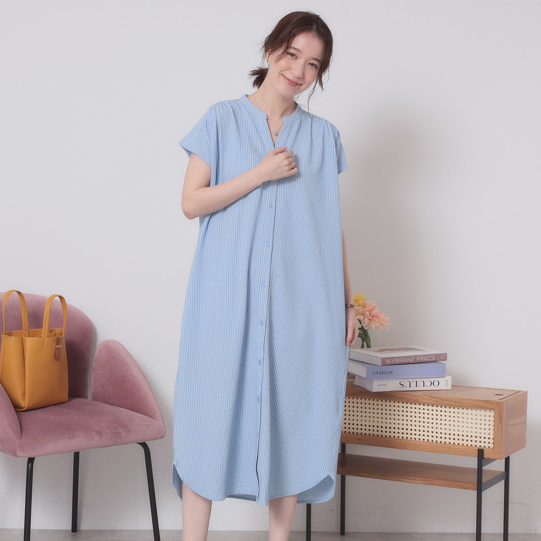 ITS&rsquo;DEMO「【洗濯機OK／洗濯後しわになりにくい】カットサッカー前開きワンピース」|ワンピース|サックスブルー(09