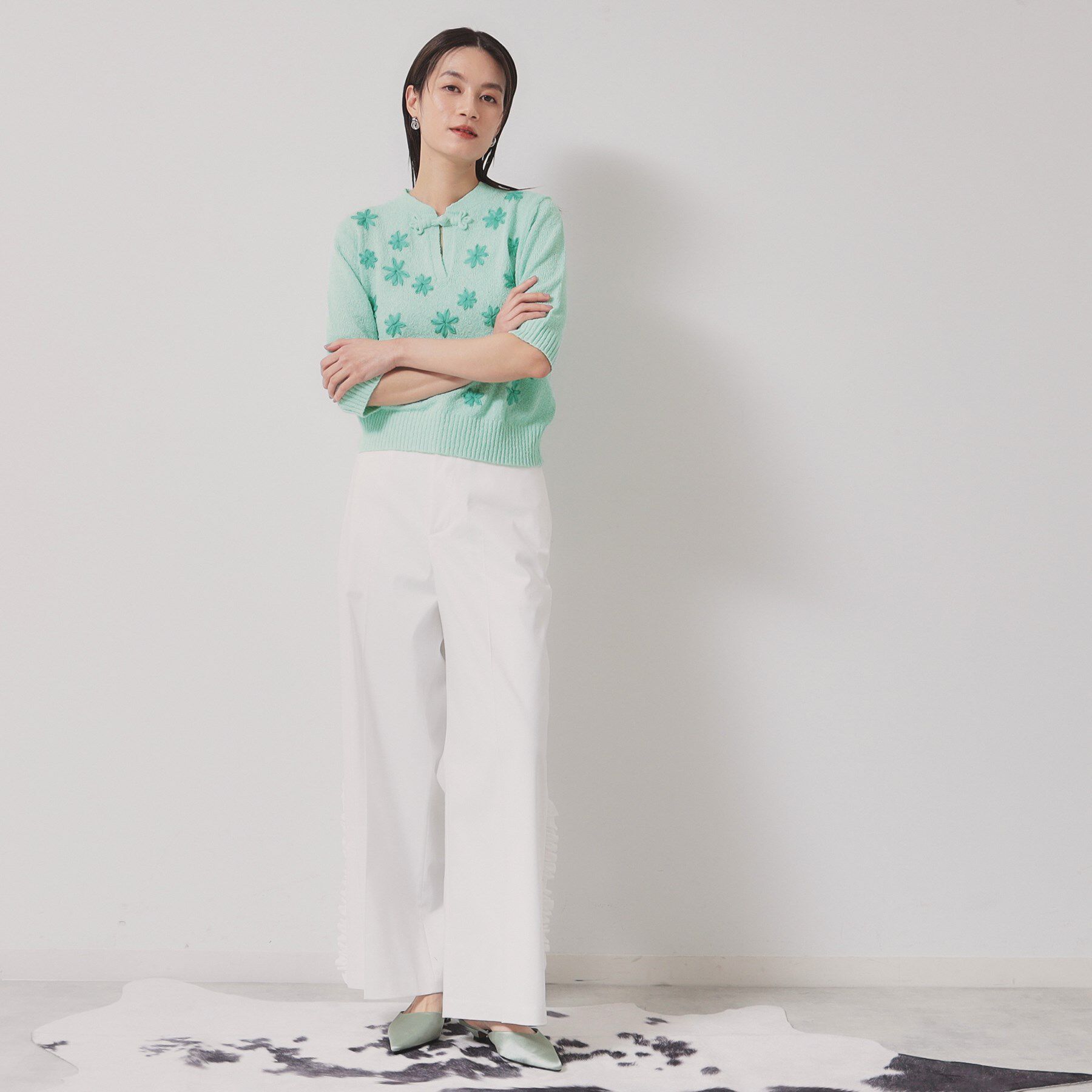 SunaUna「【手刺繍／花モチーフ】チャイナカラーニット」|ニット・セーター|