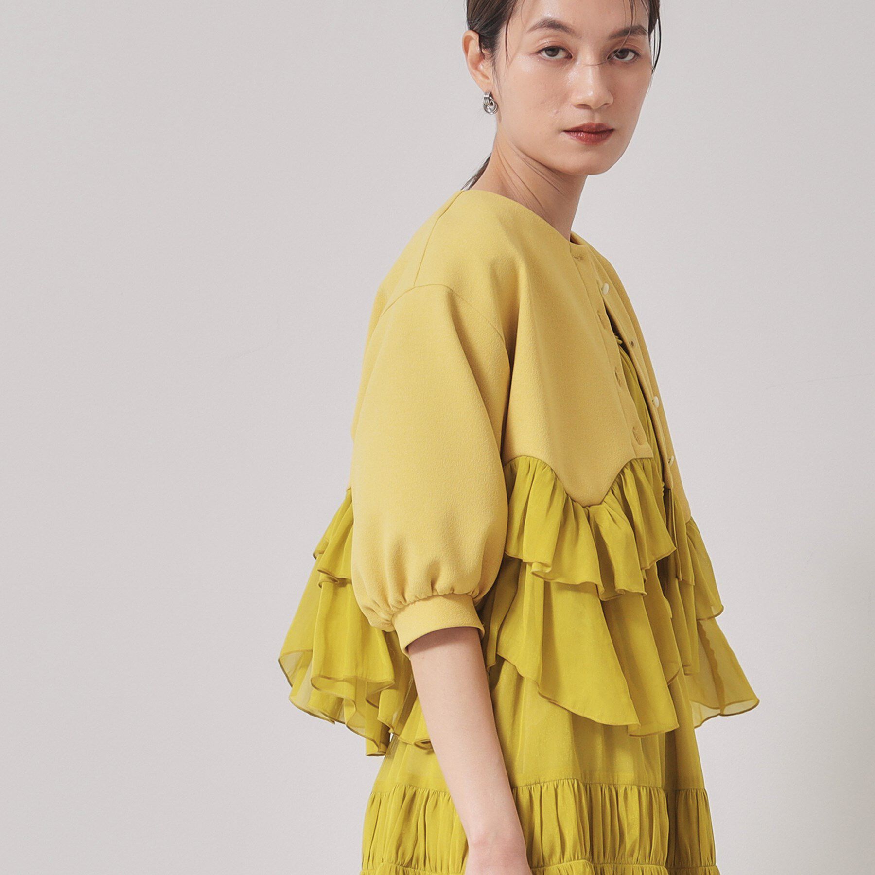 SunaUna「【裾シフォン／パフスリーブ】ペプラムブルゾン」|カーディガン|