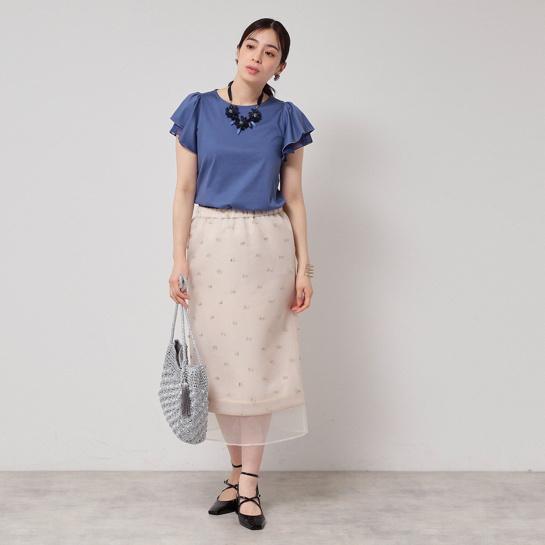 SunaUna「【接触冷感／S～Lサイズ展開】シフォン使いフレアスリーブカットソー」|Tシャツ・カットソー|