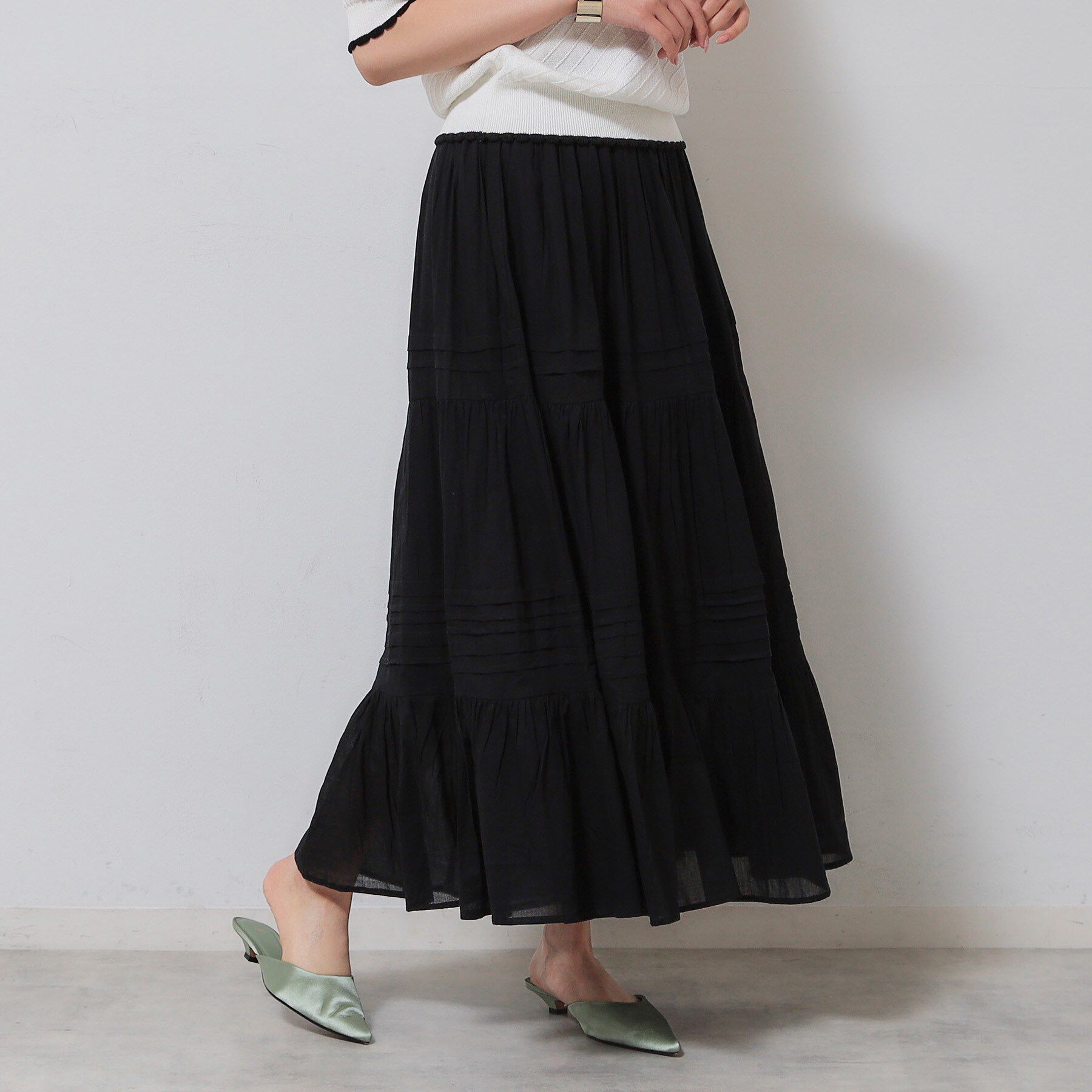 SunaUna「【軽い着心地／インド綿】ティアードロングスカート」|スカート|ブラック(019)