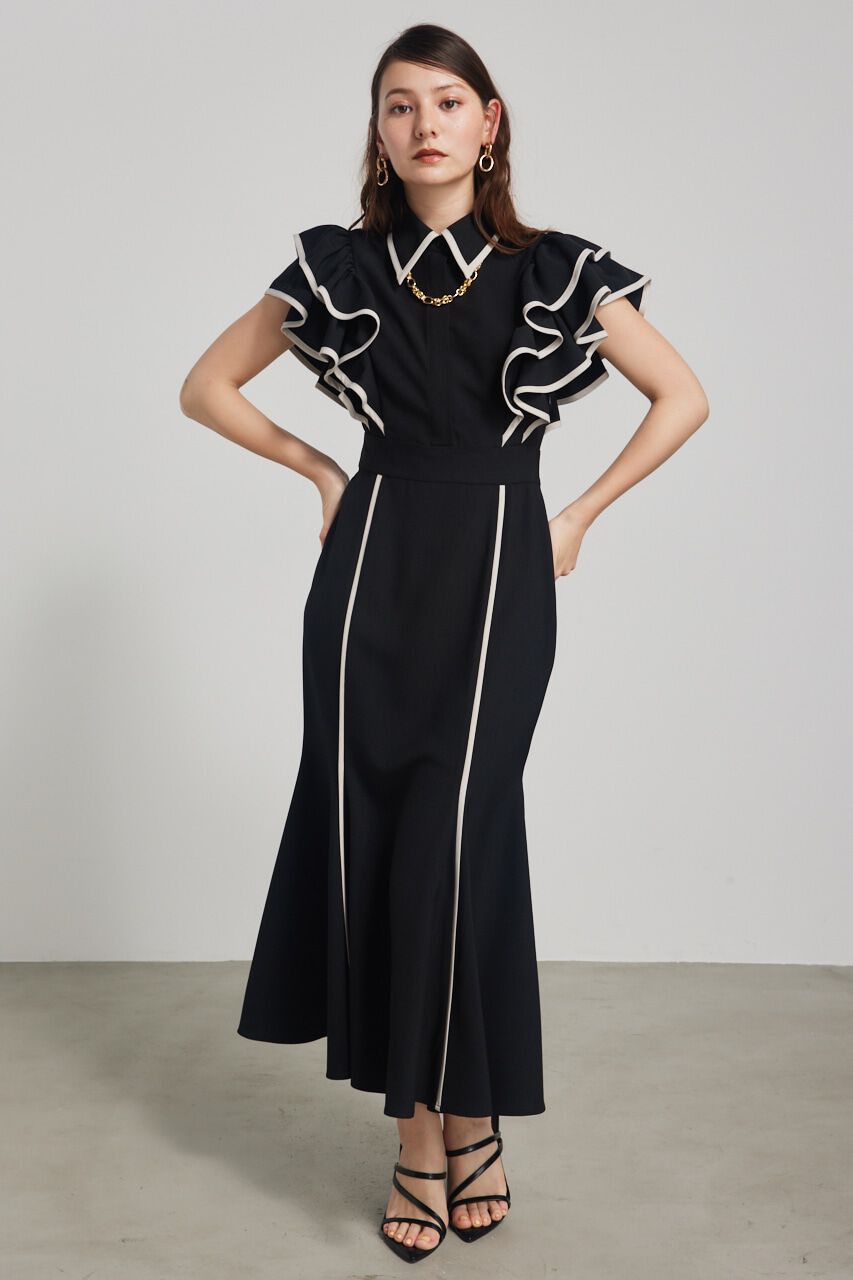 rienda「フリルスリーブバイカラーOP」|ワンピース|BLK