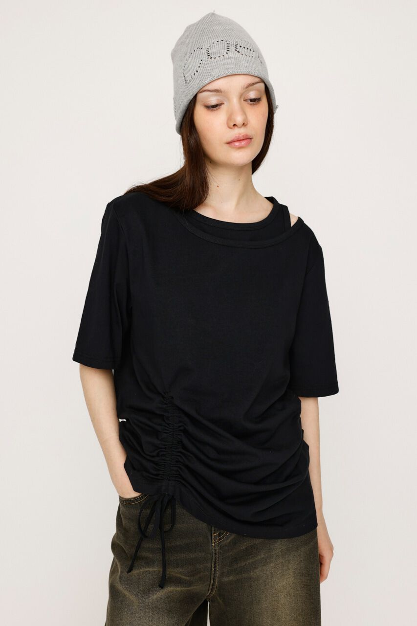 SLY「CROSS NECK SHIRRING HEM トップス」|Tシャツ・カットソー|BLK