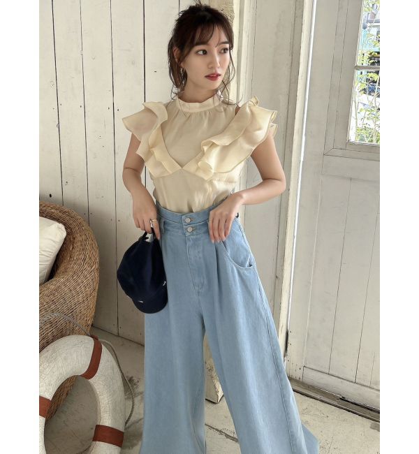 dazzlin「ダブルハイウエストワイドデニムパンツ」|デニム|