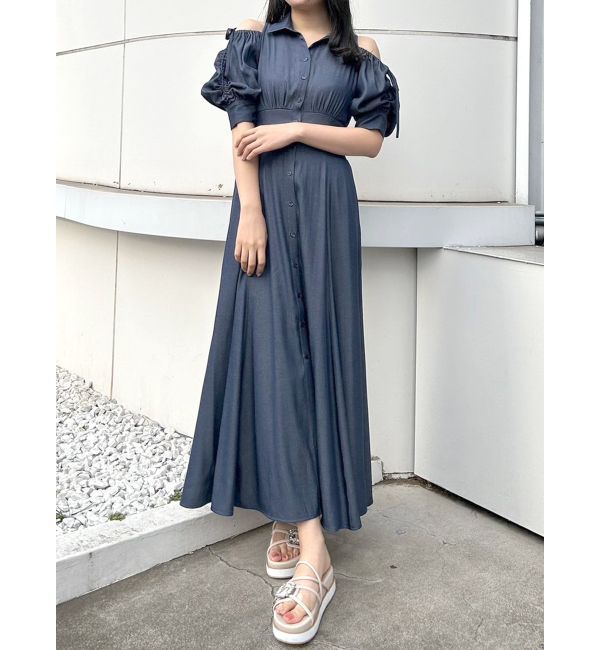 MERCURYDUO「オープンショルダーシャツワンピース」|ワンピース|