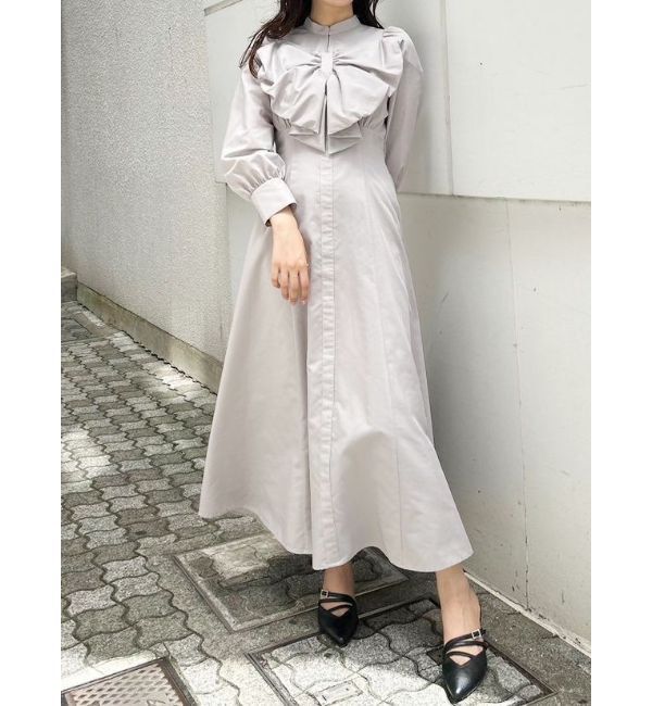 MERCURYDUO「フロントBIGリボンフレアワンピース」|ワンピース|グレー