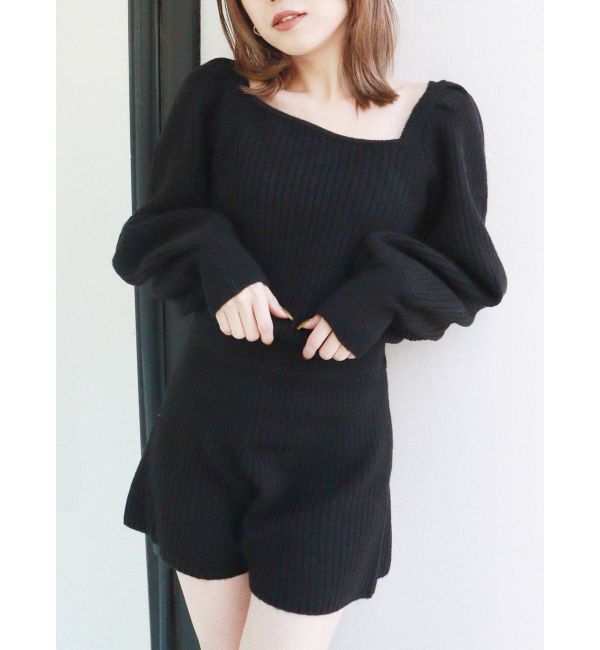 MURUA「アシメスクエアニットロンパース」|オールインワン|ブラック