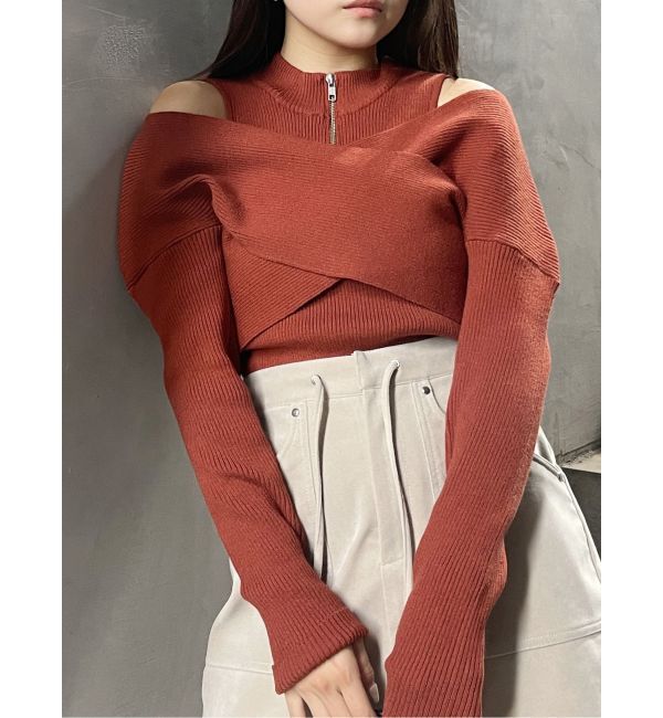 MURUA「カシュクールハーフジップトップス」|ニット・セーター|ダークオレンジ