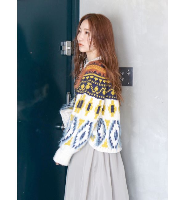 Ungrid「フェザーヤーンコンビ求心柄ニット」|ニット・セーター|オフホワイト