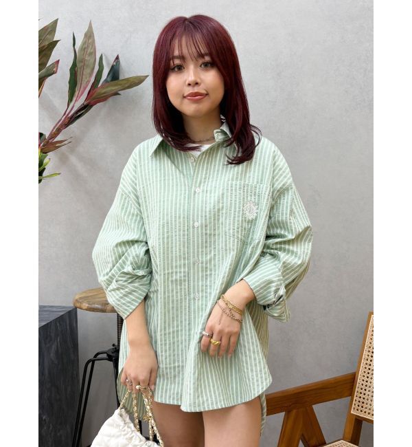 EVRIS「SUNNYモチーフストライプオーバーサイズシャツ」|シャツ・ブラウス|グリーン
