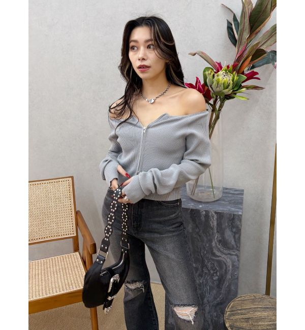 EVRIS「フロントジップオフショルニットトップス」|ニット・セーター|