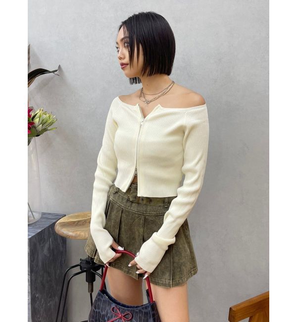 EVRIS「フロントジップオフショルニットトップス」|ニット・セーター|