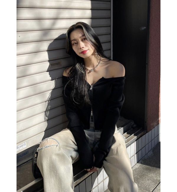 EVRIS「フロントジップオフショルニットトップス」|ニット・セーター|