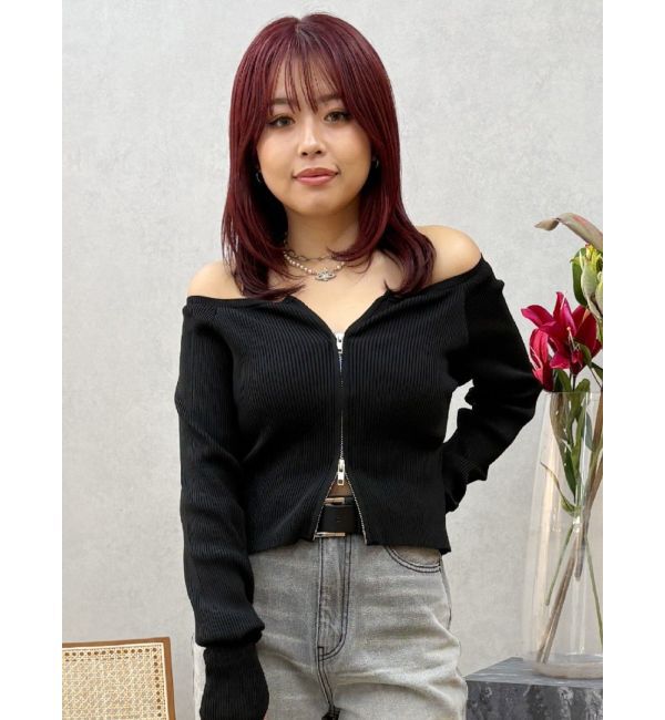 EVRIS「フロントジップオフショルニットトップス」|ニット・セーター|ブラック
