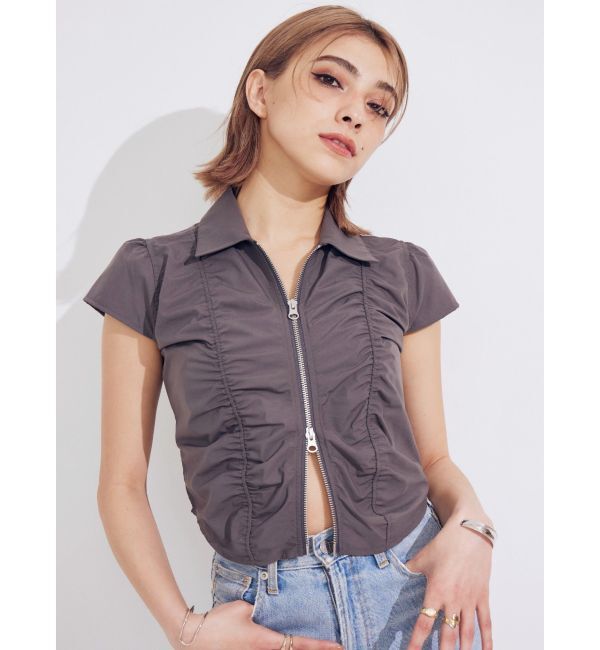 EVRIS「フロントジップシャーリングクロップドシャツ」|シャツ・ブラウス|