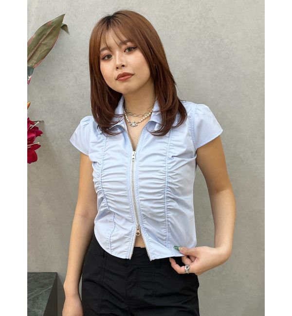 EVRIS「フロントジップシャーリングクロップドシャツ」|シャツ・ブラウス|ブルー