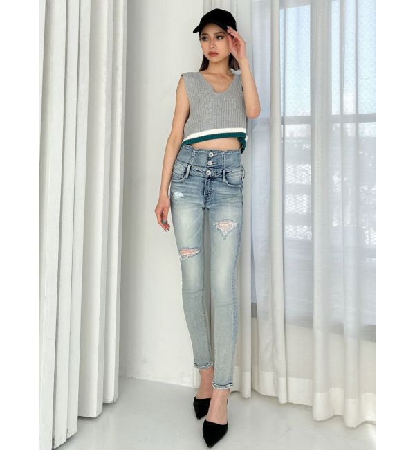 GYDA「ハイウエストバッククロスダメージスキニーデニムパンツ」|デニム|