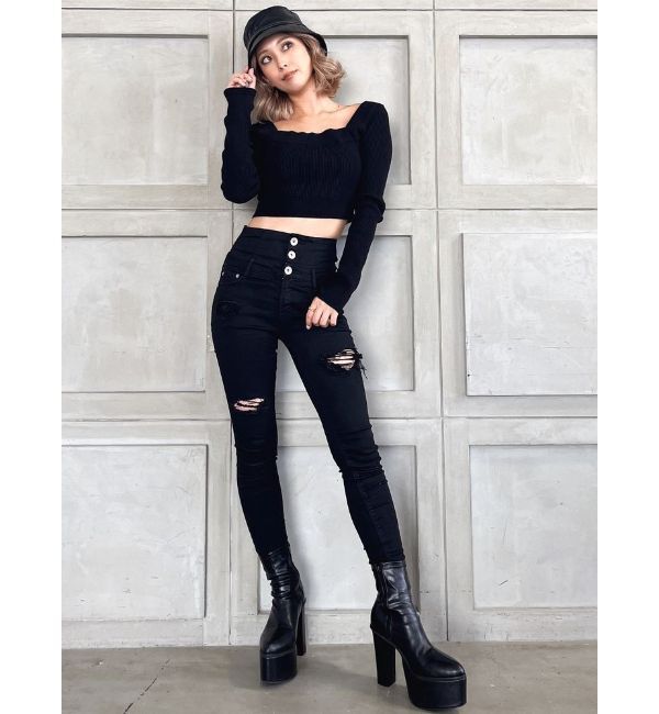 GYDA「ハイウエストバッククロスダメージスキニーデニムパンツ」|デニム|