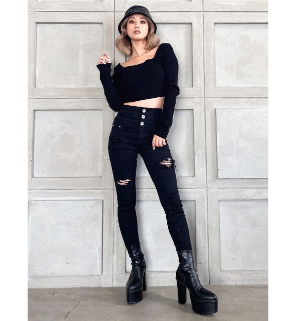 GYDA「ハイウエストバッククロスダメージスキニーデニムパンツ」|デニム|