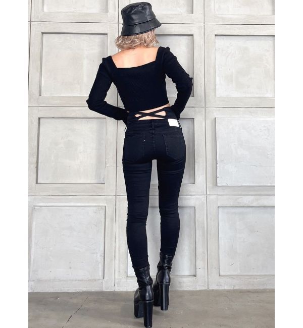 GYDA「ハイウエストバッククロスダメージスキニーデニムパンツ」|デニム|