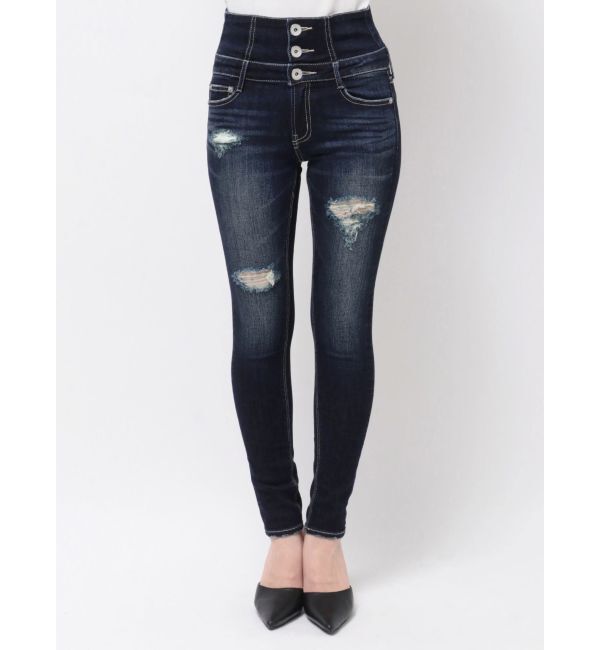 GYDA「ハイウエストバッククロスダメージスキニーデニムパンツ」|デニム|