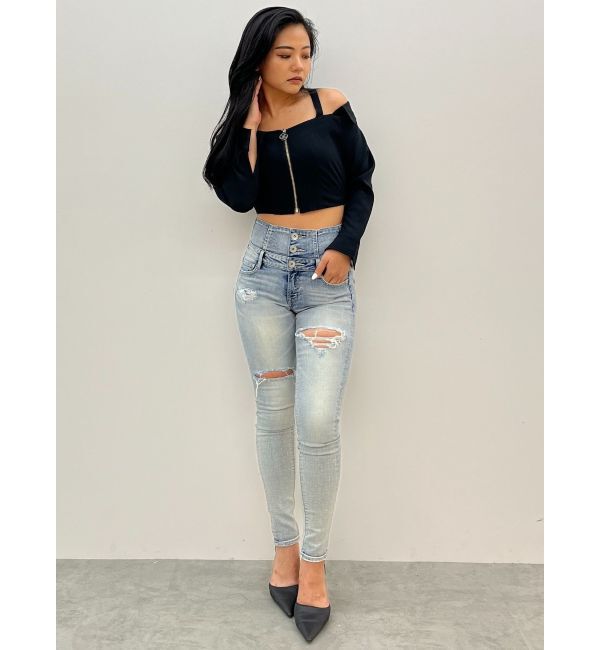 GYDA「ハイウエストバッククロスダメージスキニーデニムパンツ」|デニム|