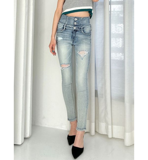 GYDA「ハイウエストバッククロスダメージスキニーデニムパンツ」|デニム|アイスブルー