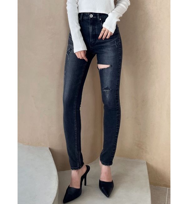 GYDA「ハイウエストthigh highダメージデニムパンツ」|デニム|ブラック