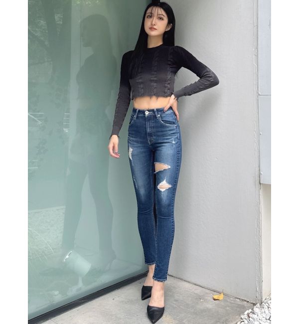 GYDA「ハイウエストthigh highダメージデニムパンツ」|デニム|