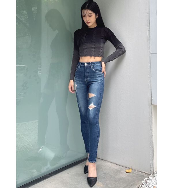 GYDA「ハイウエストthigh highダメージデニムパンツ」|デニム|