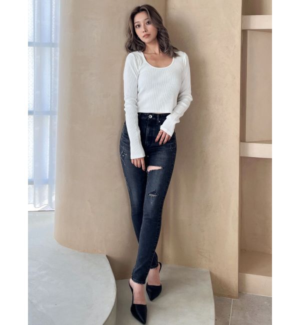 GYDA「ハイウエストthigh highダメージデニムパンツ」|デニム|