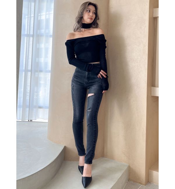 GYDA「ハイウエストthigh highダメージデニムパンツ」|デニム|