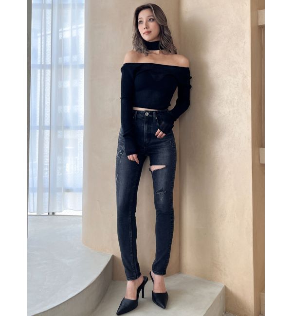 GYDA「ハイウエストthigh highダメージデニムパンツ」|デニム|