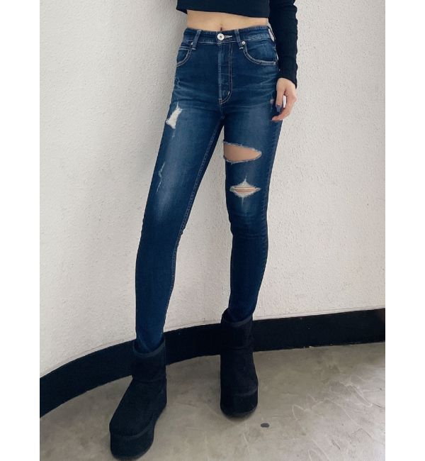 GYDA「ハイウエストthigh highダメージデニムパンツ」|デニム|インディゴ