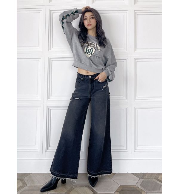 GYDA「ハイウエストレースデザインフレアデニムパンツ」|デニム|