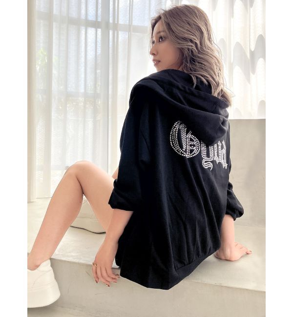 GYDA「BACK GYDAラインストーンラメパーカー」|カーディガン|ブラック