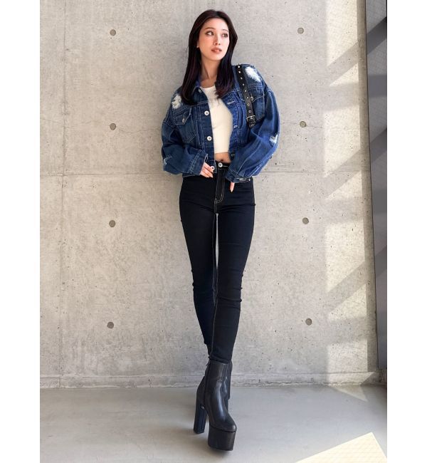 GYDA「ミドルウエストワンウォッシュスキニーパンツ」|デニム|